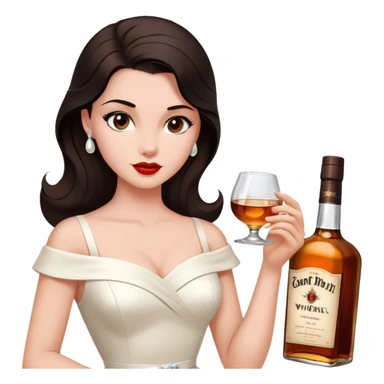 Beautiful woman in 1950’s woman fashion look, white dress, long dark brown hair, whisky with ice sticker