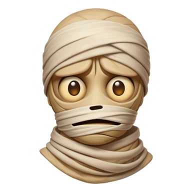 Cinematic Comical Mummy Portrait Emoji, with a humorously disheveled, oversized bandaged form in warm, faded hues, head cocked in a dramatically shocked expression with comically wide eyes peeking through the bandages, simplified yet hilariously expressive, highly detailed with a soft glowing outline that captures the absurd charm of an ancient mummy in playful astonishment! sticker