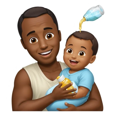 Sean “Diddy” Combs with baby oil and a very small infant and he’s pouring the baby oil on the infant that is laughing with a very exaggerated expression sticker