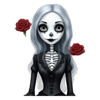 full height skeleton body, tim burton "corpse bride", thin porcelain doll with a cracked face, goth makeup watery eyes, long gray hair, lace and ruffles, lolita style, inked, black and white, red roses sticker