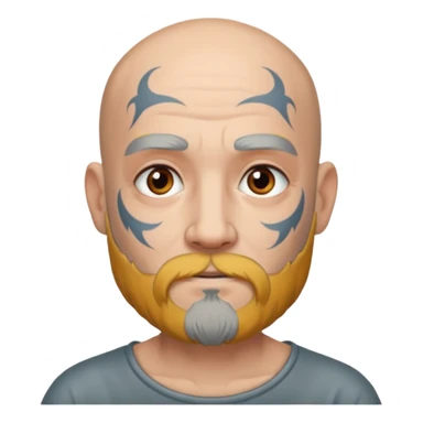 bald grey bearded man with face tattoo sticker