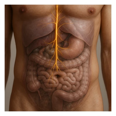 realistic 4K close-up image of human abdomen with vagus nerve highlighted, anatomical details, visible vagus nerve path, transparency on internal organs, natural colors, neutral background sticker