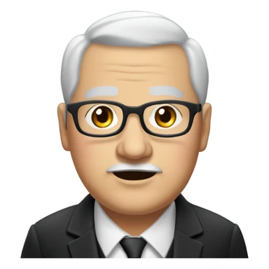 Chubby man of about 60 years with grey hair and a bald shin. Small round glasses, dark eyes and a double chin. Chubby pointed nose. He wears a black suit with waistcoat, jacket and tie. sticker