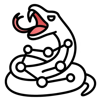 Create a white snake in a modern icon style closely matching the reference image's style and pose. The snake's body should form interconnected loops and nodes, representing a network. Maintain the clean and minimalistic look of the original icon style. sticker