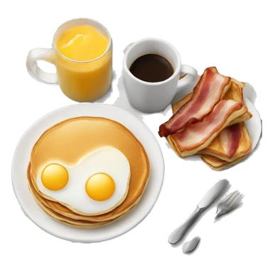 hot coffee and a big breakfast with pancakes bacon eggs and fruit sticker