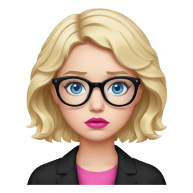 Blonde woman with short wavy hair, blue eyes and pink lips wearing black glasses being sick sticker