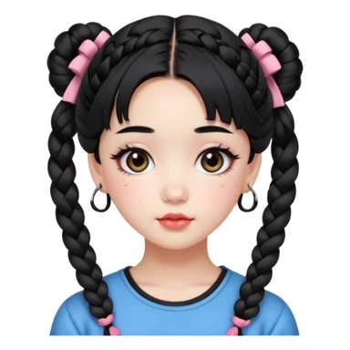 a beautiful girl face, wearing cute korean makeup, black hair, lower braided space buns with cute front bangs, kpop idol sticker