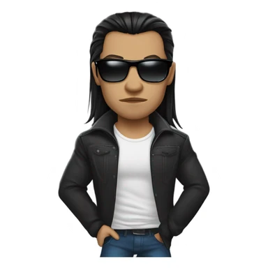 Vampire male, with long black hair, masculine face, fine lips, serious face expression, black sunglasses, lather jacket, underneath black t-shirt, strong muscular body sticker