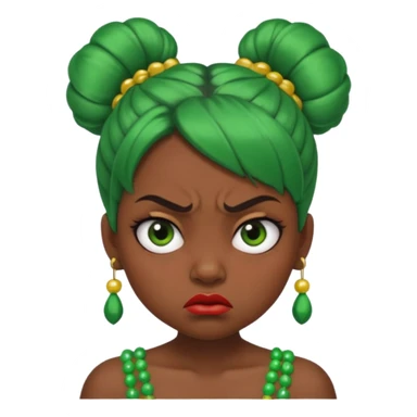 Create a 3D cartoon-style girl character with dark skin, round face, angry expression, big wide eyes, and tightly styled double buns made of green beaded hair. The girl should look irritated, eyebrows sharply angled, and lips pressed in a frown. sticker