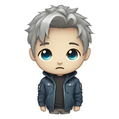 logo illustrated boy skull BORED, chibi anime style, head and shoulders only, light brown eyes, short gray hair, cyberpunk jacket with blue colors, flashing background. sticker