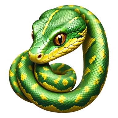cinematic-green tree python-realistic-full-body-coiled-emoji,-thick-scaled-body-looped-tightly,-intricate-brown-and-gold-patterned-scales-reflecting-light,-head-tilted-dramatically,-slitted-eyes-staring-calmly,-simplified-yet-realistic-focused-feature sticker