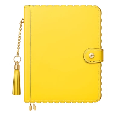 a soft yellow lemon color journal with scalloped edges, tiny gold dot details, and a small tassel charm, cozy and elegant stationery vibe sticker