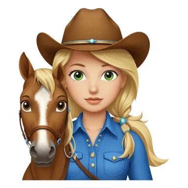 una cowgirl bionda con occhi azzurri/verdi sopra un quarter horse con criniera marrone sticker
