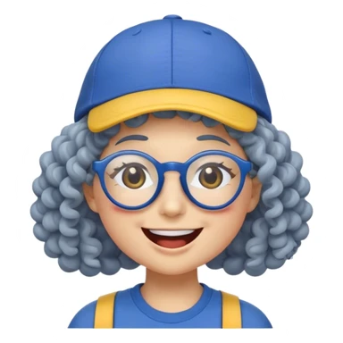 female yellow smiley face emoji, big smile, winking, wearing a blue ballcap backwards, grey curly hair, glasses, no eye color, head only, yellow, simple style, no ornament on hat sticker