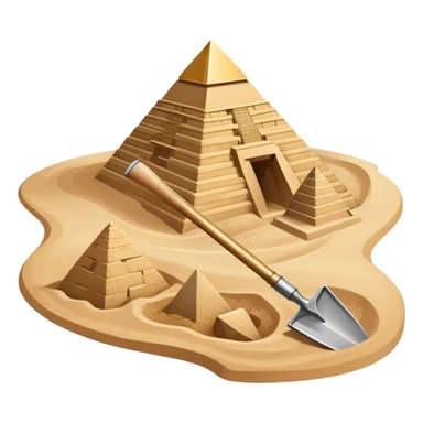 An icon showing archaeological tools like a trowel, brush, and pickaxe placed on sandy ground, with an Egyptian pyramid in the background. The design symbolizes excavation and discovery of ancient history, blending tools and iconic landmarks. Transparent background. sticker