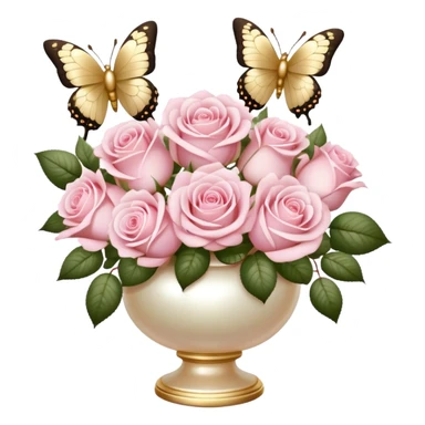 Realistic aesthetic bouquet of light pink roses in a pearl vase and a ivory bow with gold decoration and a butterfly with gold and beige wings sticker
