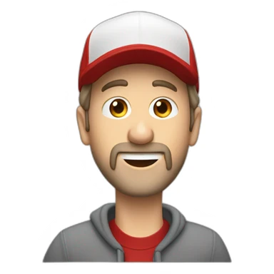 Beardless forty-something white man with a red cap and a red sweatshirt sings into a microphone sticker