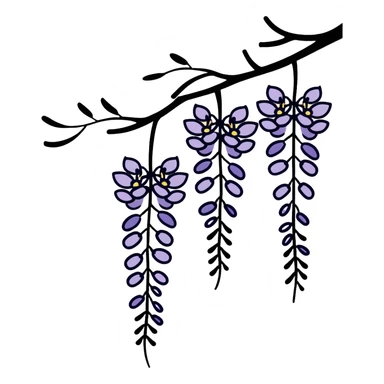 Artistic Japanese wisteria (fuji) flower with sumi-e inspired brush strokes, hanging lavender bloom clusters, zen minimalist aesthetic with subtle ink wash background sticker