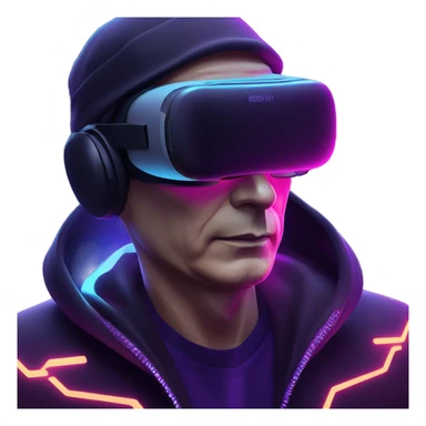 Vladimir Putin wearing a black hoodie with "OMG" letters on it and VR headset oculus quest 2 in a cyberpunk VR environment with violet neon lighting. sticker