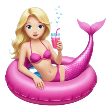  woman with blonde hair and blue eyes sitting in a pink pool tube in a blue pool sipping a drink wearing a pink bikini top and a pink mermaid tail  sticker