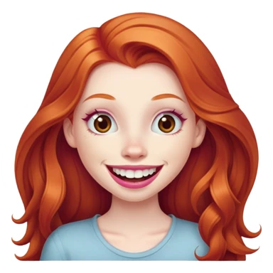 Young girl with pale skin, longer face, full pink lips smiling with big teeth, very long ginger red hair, big brown eyes, bigger nose, big mouth sticker