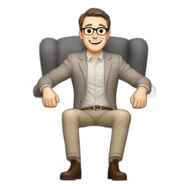 Joyful Celebrating victory Hands up Pale skinned Fit Man With dark brown hair in gray jacket, beige office shirt, Brown pants and vintage glasses sitting In a soft chair sticker