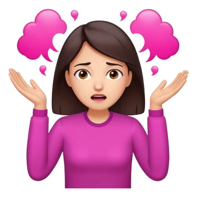 Social media manager. She has dark brown hair, brown eyes,stressed expression, exhaling deeply, hands slightly raised showing frustration. Use vibrant colors with a focus on pink and fuchsia tone sticker