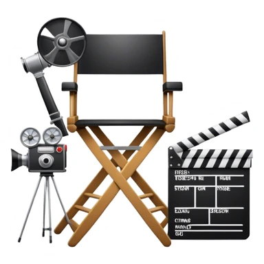 Icon for Directing: a director's chair, a film clapperboard, large movie camera, vintage megaphone and a stage with a spotlight. The icon should represent the creative and organizational aspects of directing, with focus on storytelling, staging, and performance. Transparent background. sticker