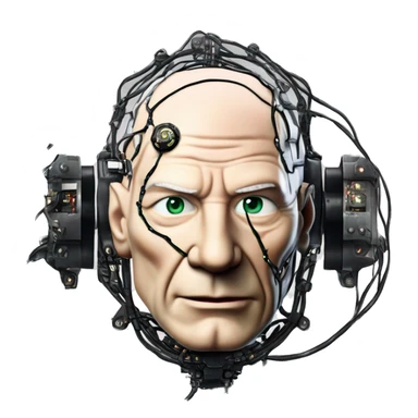 Jean luc picard from Star Trek assimilated by the Borg, with mechanical metal covering the left side of his face, with wires and a red light on the side sticker