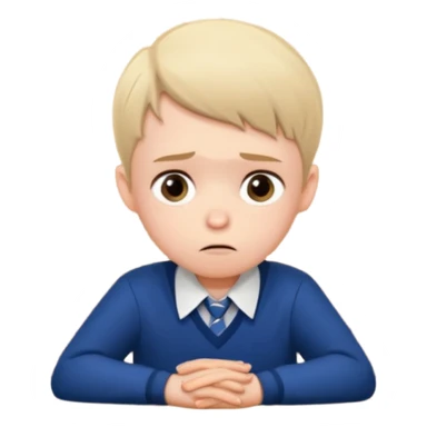 an anxious boyin school uniform sitting in front of a table sticker