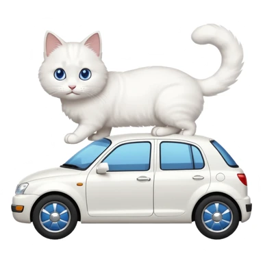 Please create a small emoji the size of 🚗 featuring a pure white cat with stubby tail with blue eyes on a white saloon car viewed from side. Again it is necessary that the emoji must be extremely small, much smaller than a standard sized sticker. sticker