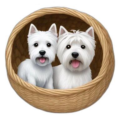 West Highland white terrier and cute blue dog in way too small dog basket sticker