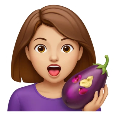 Brown hair light skin woman mouth open about to eat an eggplant sticker