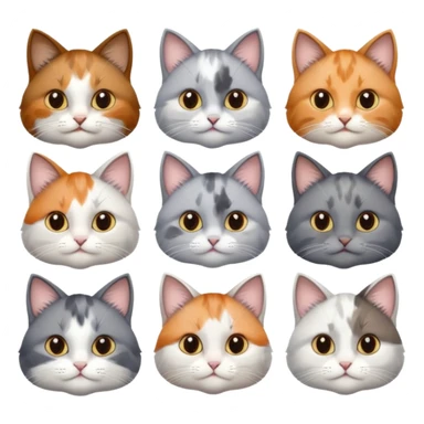 6 realistic looking cats with different natural coloured coats, assorted grey and white, greys, calico, brown and white colours etc
 sticker
