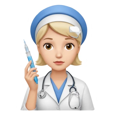 healthcare professional nurse holding a syringe in hand, doubtful expression, hand on chin, as if thinking sticker