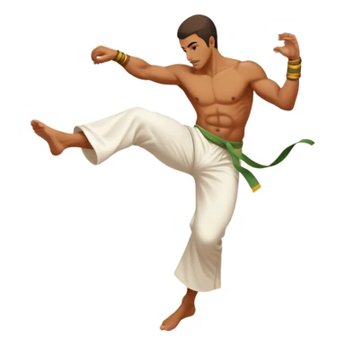 A Brazilian man as a capoeira fighter in mid-air performing a spinning kick, with Brazilian features, tan skin tone, wearing traditional white capoeira pants and a cord, vibrant and flowing pose, surrounded by motion swirls sticker