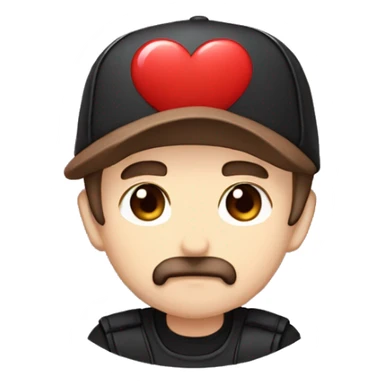 Chibi manga male with short brown hair and short brown beard and curve mustache and a black cap with a red heart twitch emote sticker
