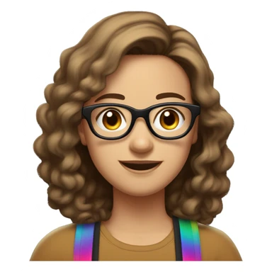 
Make an emoji of a woman, black glasses, brown hair, medium white skin color. Black T-shirt. Rainbow-colored suspenders, brown eyes, medium-sized mouth, with an incredible smile and a crown on his head sticker