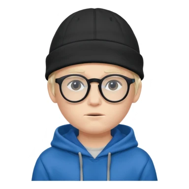 a shy boy wearing thick black glasses (nerd) and hide all his hair under a blue cap, wearing a normal hoodie (ios memoji) sticker