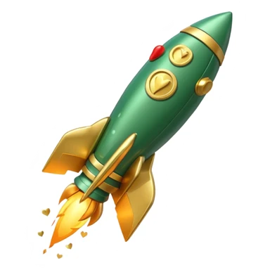 3D rocket with coins and hearts, deep green color (#0B3D2C), gold accents (#C9B037), cream highlights, glossy modern style, transparent background sticker