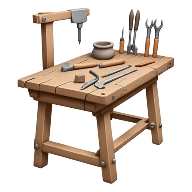 Cinematic Realistic image of a workbench set with a lump of pliable clay and artisanal sculpting tools, rendered with finely detailed textures that reveal subtle clay particles and well-worn tool surfaces, bathed in warm, focused studio lighting sticker