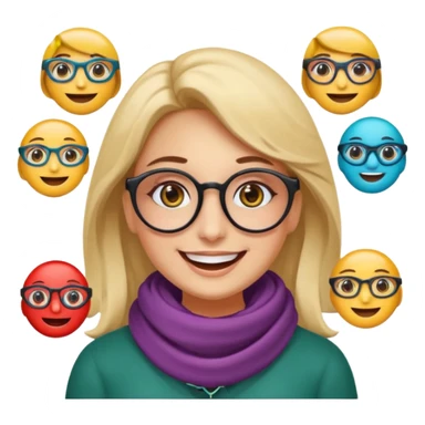 Emoji estilo WhatsApp de una mujer sonriente con rostro ovalado, piel clara, ojos grandes y oscuros, cejas gruesas arqueadas, gafas grandes redondeadas, rizos voluminosos oscuros, bufanda colorida y expresión tierna. Colores limpios, contornos suaves y fondo transparente. sticker