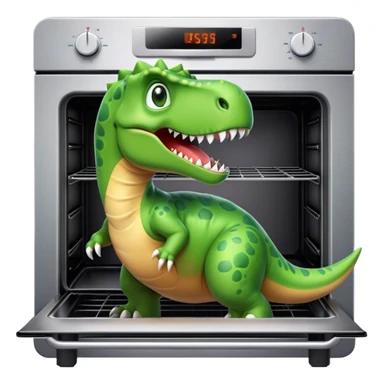 a dinosaur coming from an oven sticker
