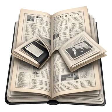 Icon for Non-Fiction & Narrative Reading: an open book with black-and-white photos on the pages, surrounded by a pile of newspaper clippings, and an open folder with top-secret documents. The icon should reflect the blend of real stories and facts in non-fiction literature. Transparent background. sticker