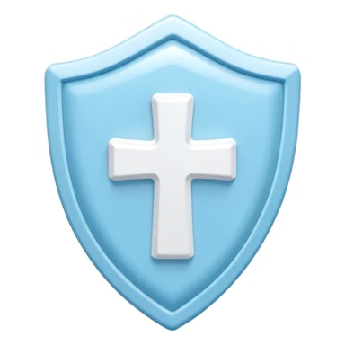 A cute 3D render icon of a protective shield. Rounded edges, plump, glossy plastic material. Sky blue and white color palette. A subtle, soft white cross or heart symbol embossed in the center. Clean studio lighting, soft shadows. Isolated on a light pastel background. Minimalist design. sticker