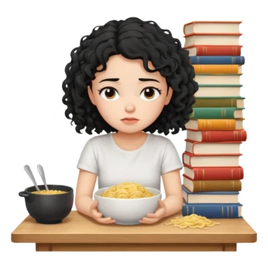 generate a pretty bratz fair skinned girl with curly black hair wearing a white tshirt sitting on a table with noodles and books. looking sleepy and tired and sad sticker
