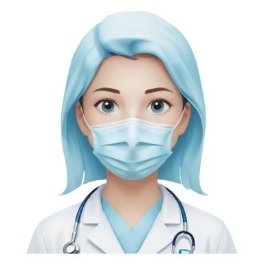 A minimalistic bust of a dentist wearing a white coat with a light blue shirt underneath. The figure has a simple white surgical mask covering the mouth and nose, with visible focused eyes. A small tooth icon is subtly placed on the coat instead of a red cross. The design is sleek and modern, with smooth lines and soft shading. The background features a minimal, abstract dental symbol such as a tooth outline or a small dental tool (mirror or scaler). No extra details, keeping a clean, professional, and minimalistic emoji style sticker