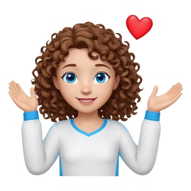 A 3D cartoon-style avatar with a friendly, expressive face. The avatar has curly  hair, bright blue eyes, and a warm smile. It wears a simple white long-sleeve shirt and has a playful pose, with one hand raised and small red hearts floating around sticker
