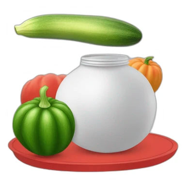 a white ball and some kind of witch next to it and this is all on a red trampoline and in the witch’s hand is a green jar of zucchini sticker