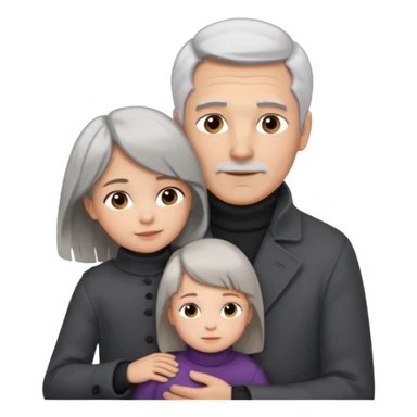 A father with silver-grey hair styled neatly and a clean-shaven face, wearing a dark turtleneck and wool coat, holding his girl child gently. The child has light brown hair and a soft white dress. Warm cinematic lighting, emotional close-up. sticker